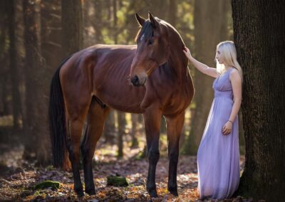 koń i kobieta w lesie